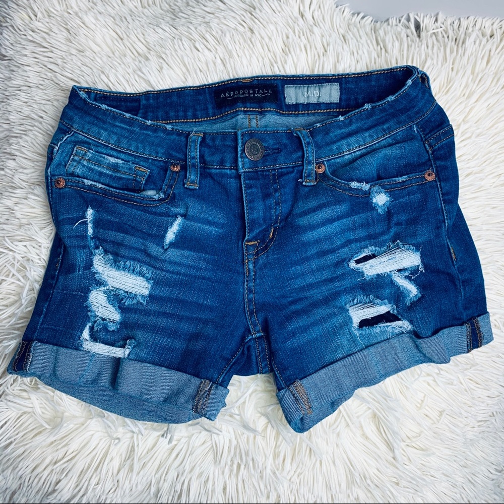 Aeropostale Midi Frayed Blue Denim Shorts Size 0
